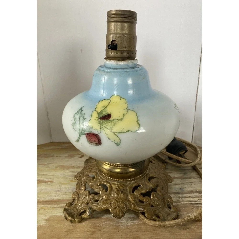Antique vintage hand painted glass lamp blue with red yellow flowers cast base